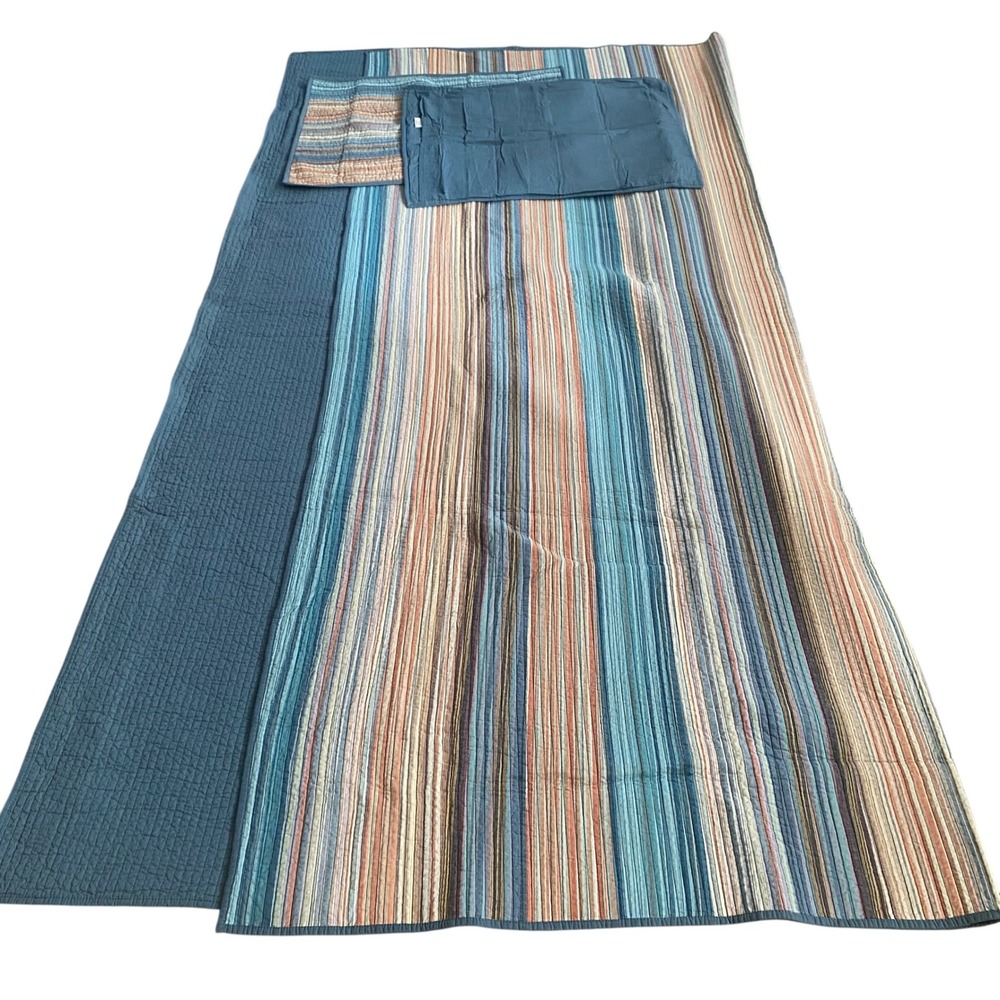 Sonoma Goods Striped Cotton Reversible Quilt Set Blue Orange Nautical Beach Boho